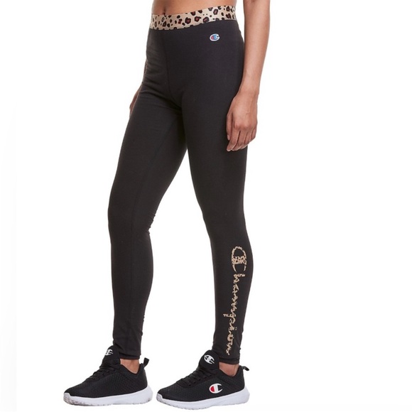 Champion Black Leggings with Leopard Print Waistband - Picture 1 of 7